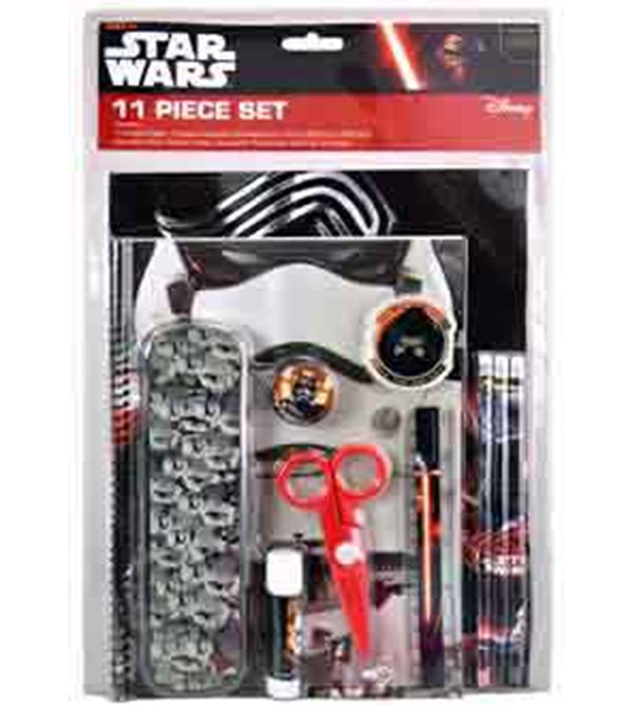 Star Wars The Force Awakens 11-piece party set with themed plates, napkins, cups, cutlery, and red scissors in clear.