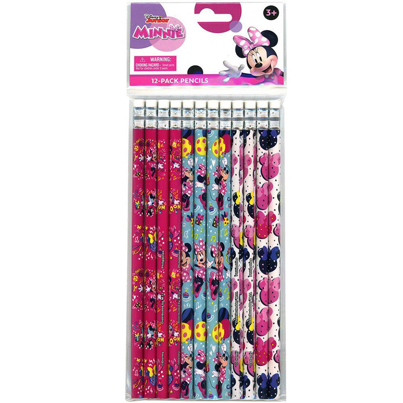 12-pack of colorful wooden pencils featuring Minnie Mouse designs in red, blue, and white background with accents of yellow.
