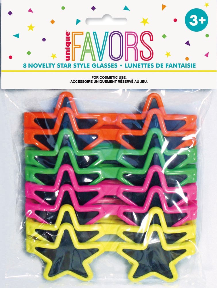 Eight pairs of star-shaped novelty glasses in orange, green, pink, and yellow plastic on a white display card with colorful.