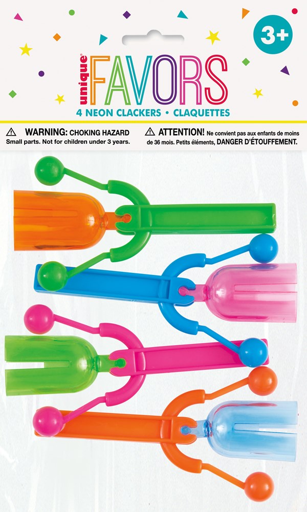 Four colorful plastic clapper toys in green, blue, pink, and orange on a white card with playful confetti design.
