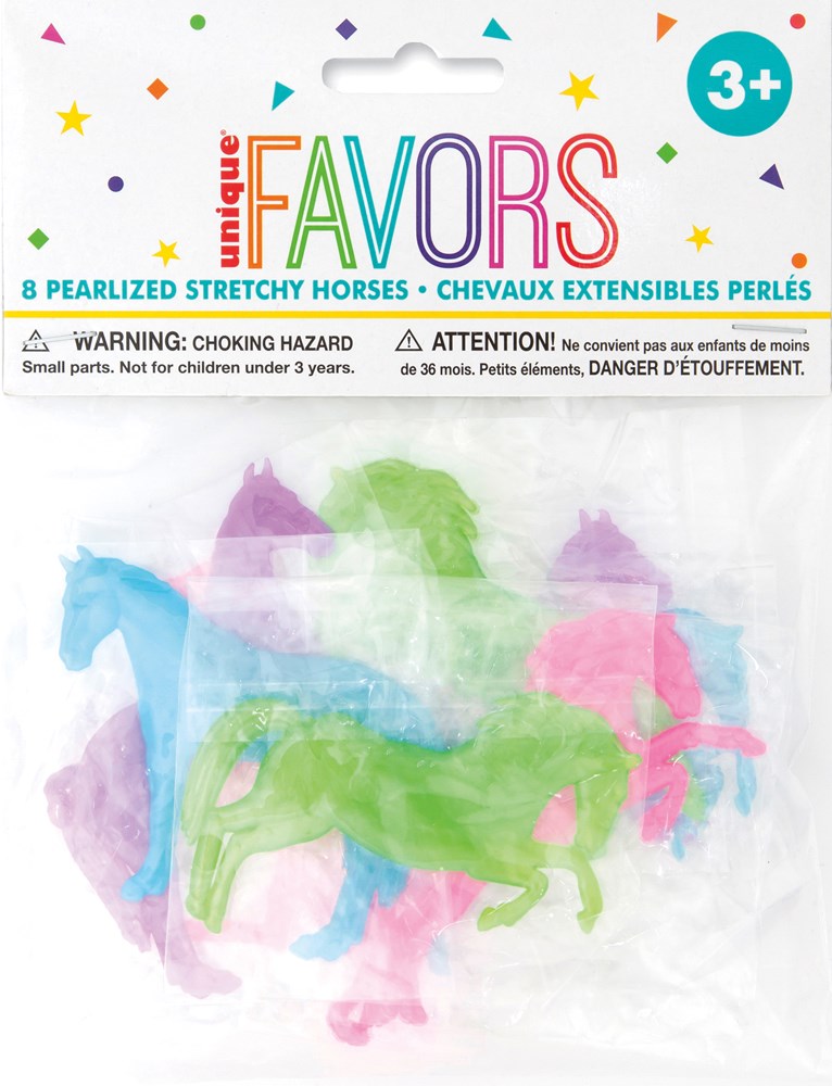 Set of eight translucent stretchable toy horses in pastel colors including blue, pink, green, and purple, packaged on a.