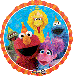 Round foil balloon featuring Sesame Street characters Elmo, Big Bird, Cookie Monster, Abby Cadabby, and Oscar the Grouch.