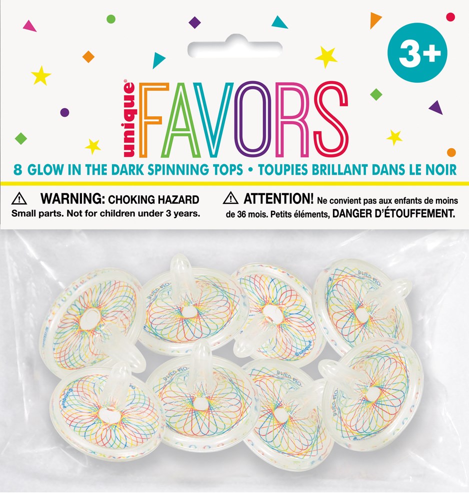Set of eight translucent plastic spinning tops with glow-in-the-dark rainbow swirls, packaged for party favors.
