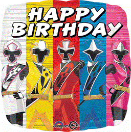 Square foil balloon featuring five Power Rangers in white, yellow, red, blue, and pink suits with "Happy Birthday" text at.