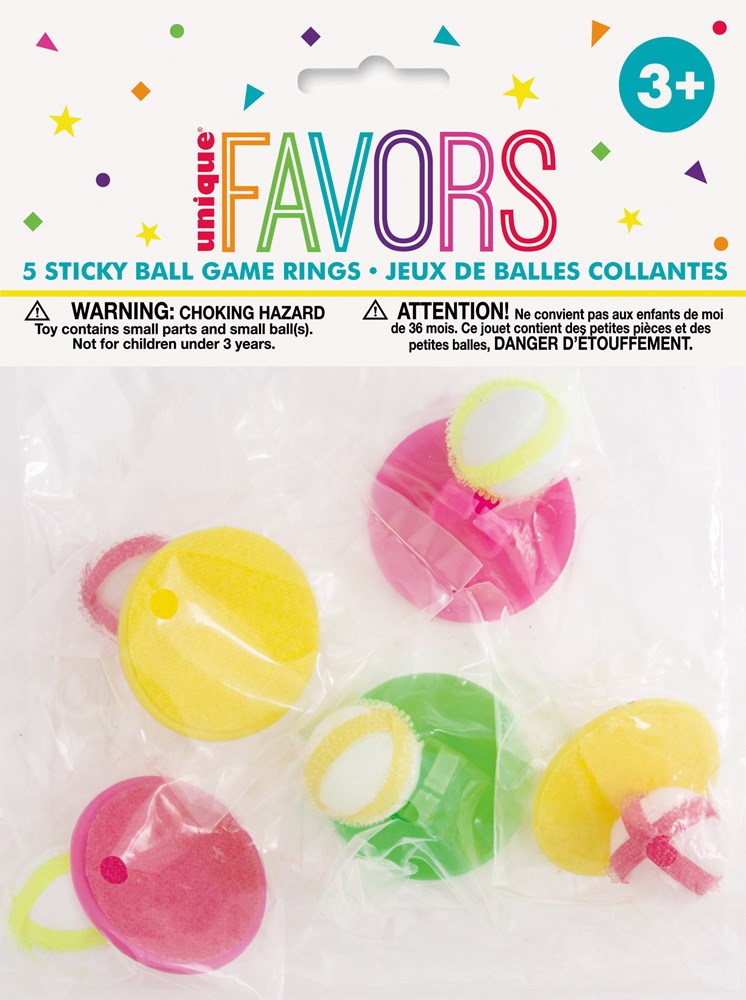 Five colorful sticky balls in yellow, pink, and green with white stripes, packaged in clear plastic with multicolor text on.
