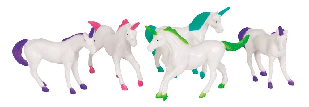 Set of eight white plastic unicorn figurines with colorful manes, tails, hooves, and horns in pink, green, and purple.