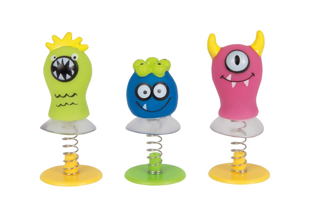 Set of three colorful spring pop-up toys featuring green, blue, and pink monster designs with big eyes and fun facial.