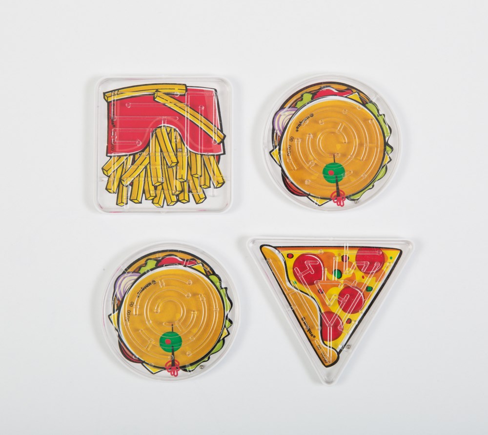 Set of four handheld ball maze games shaped like red fries box, pizza slice, and two round burgers with green knobs.