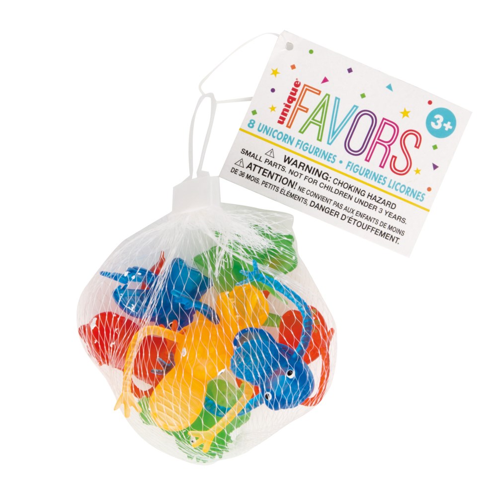 Net bag containing eight colorful monster-shaped finger puppets in blue, green, orange, and yellow.