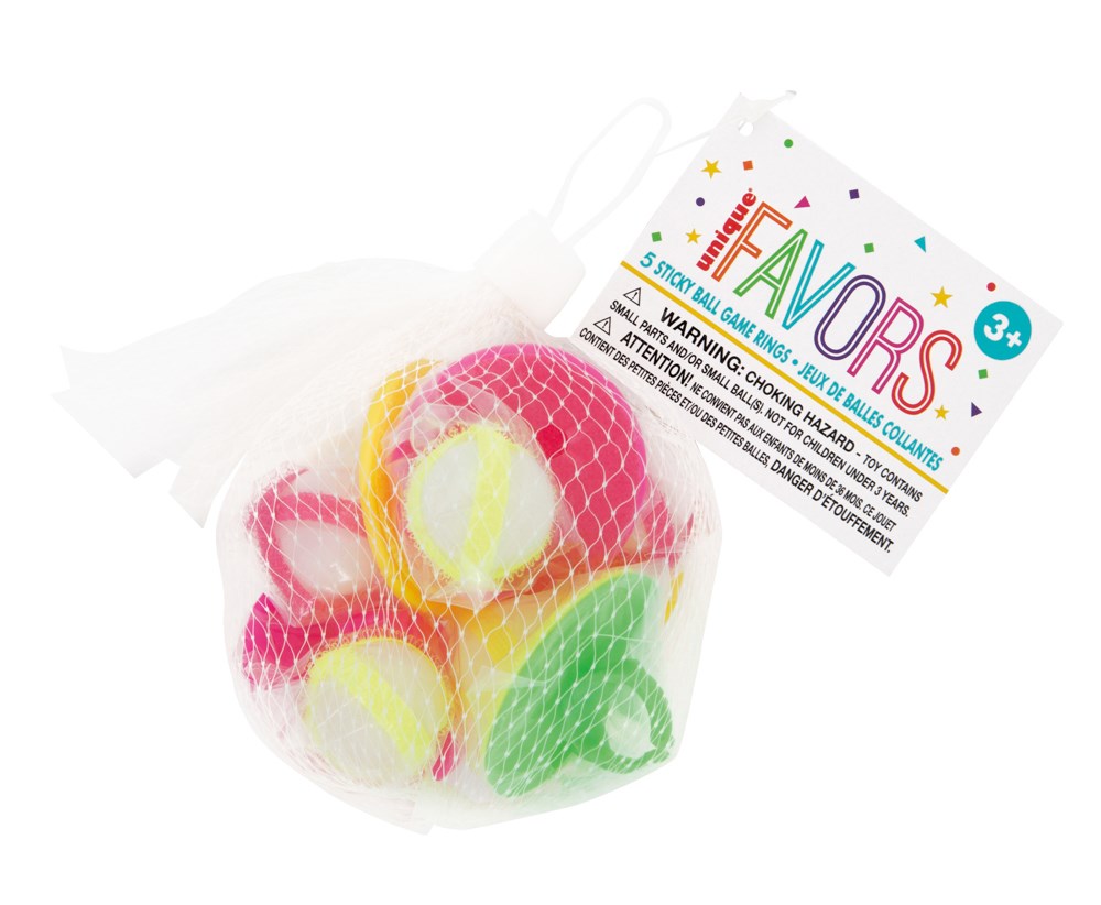 Set of five colorful sticky ball rings in red, yellow, and green, packaged in a white mesh net bag with a white tag labeled.