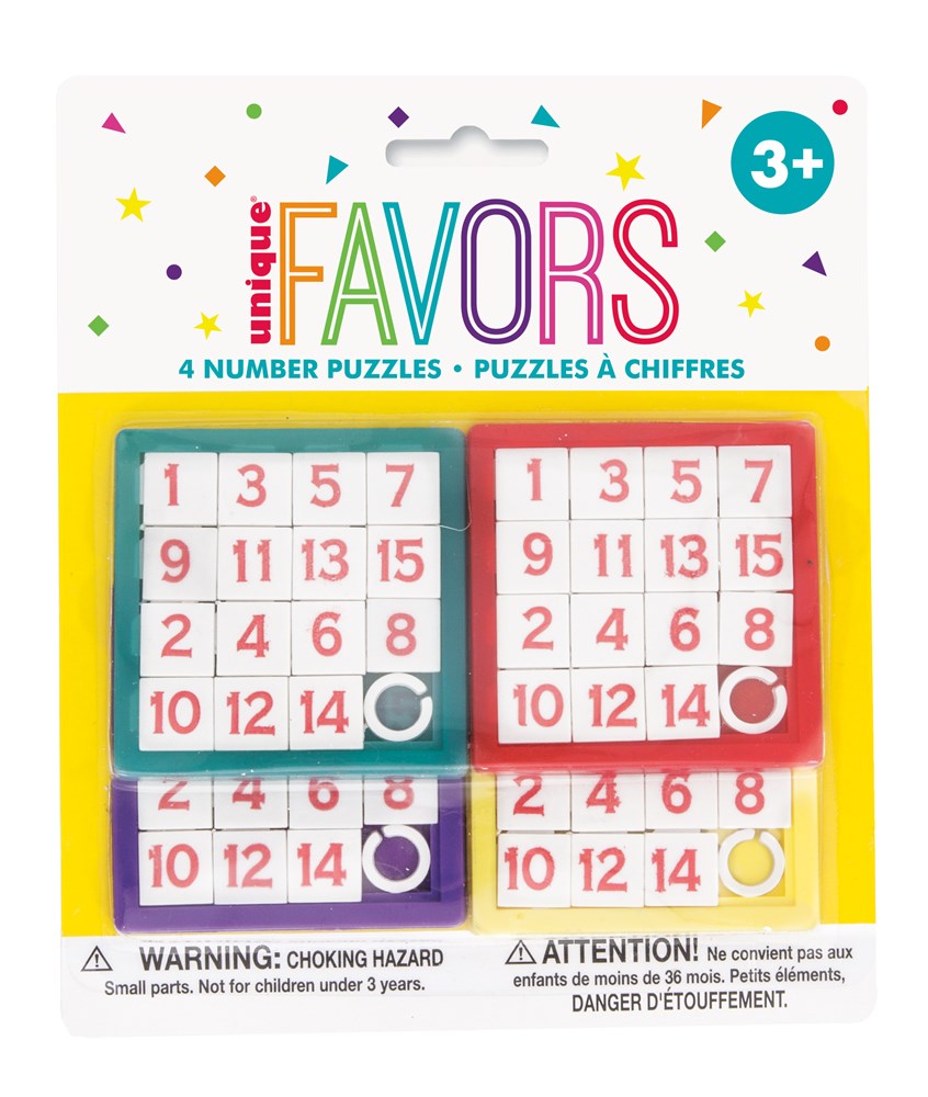 Four colorful number puzzles with red digits on white squares, designed for ages 3 and up, packaged on a bright card labeled