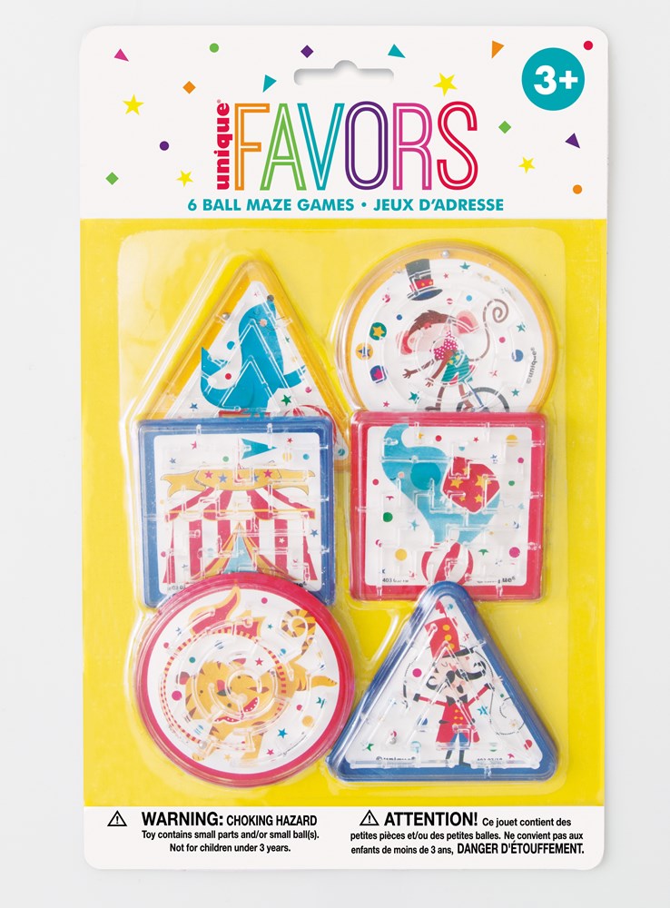 Six colorful handheld plastic maze games in various shapes including square, triangle, and round, packaged in a yellow.