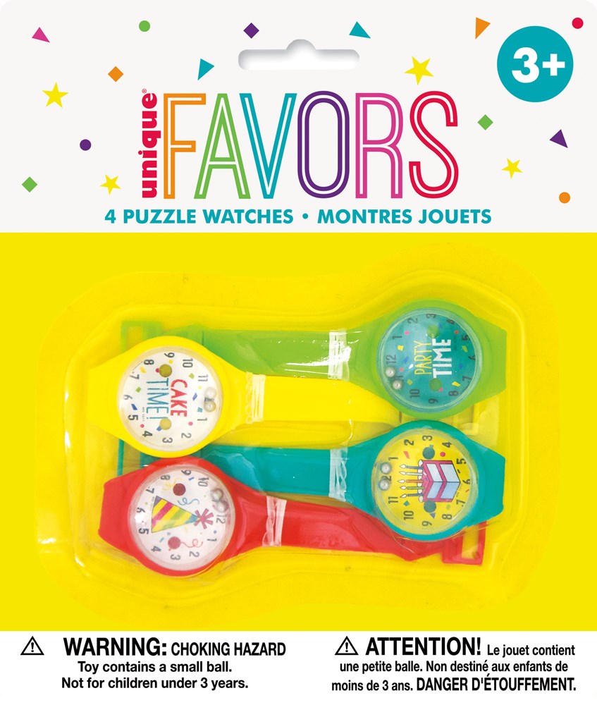 Set of four colorful plastic puzzle watches in red, yellow, blue, and green with cartoon faces, packaged in a clear blister.