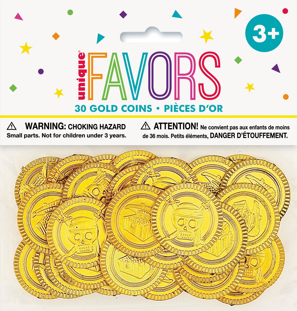 Stack of shiny gold plastic coins with embossed pirate skull and crossbones design, 30 pieces.