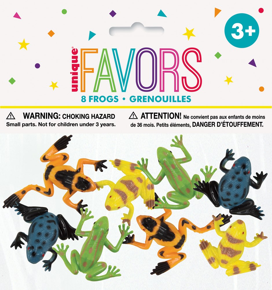 Set of eight colorful plastic frog toys in various green, yellow, orange, and blue patterns for party favors.