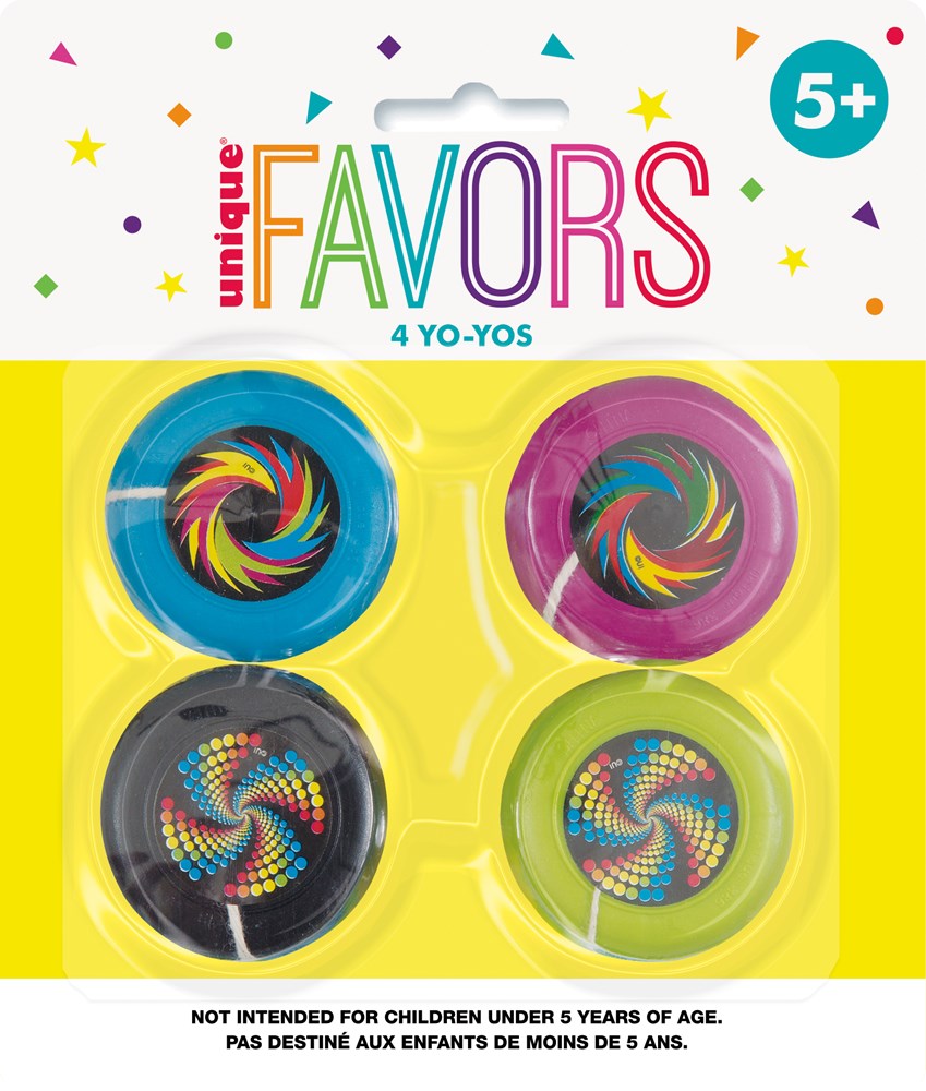Set of four plastic yo-yos in blue, pink, black, and green with colorful spiral designs.