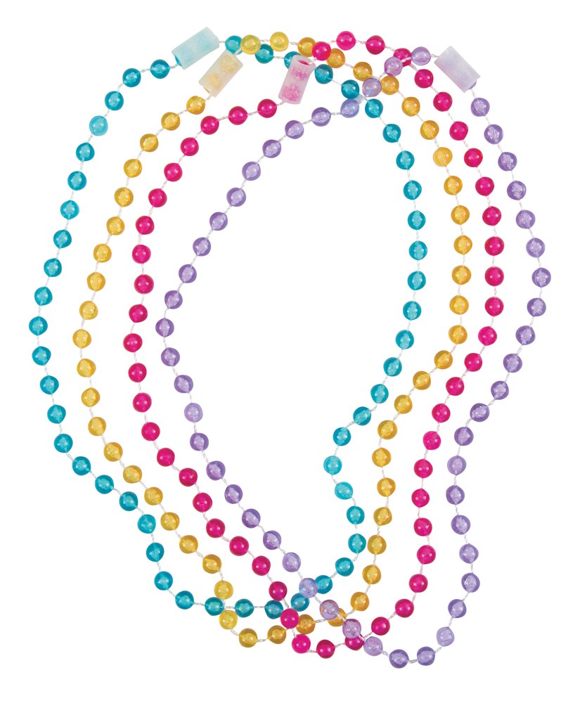 Four colorful plastic bead necklaces in blue, yellow, purple, and pink for party wear.