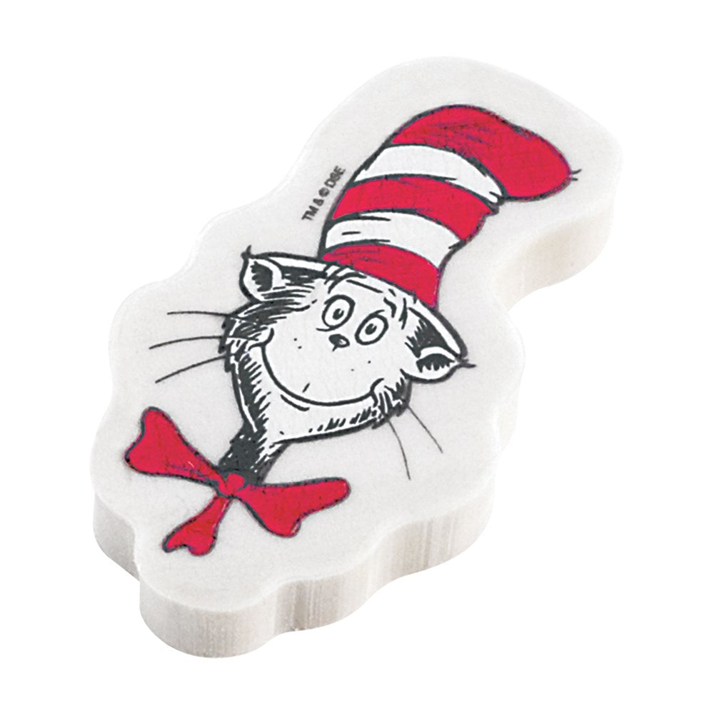 White eraser shaped like Cat in the Hat with red and white striped hat and red bow tie illustration.
