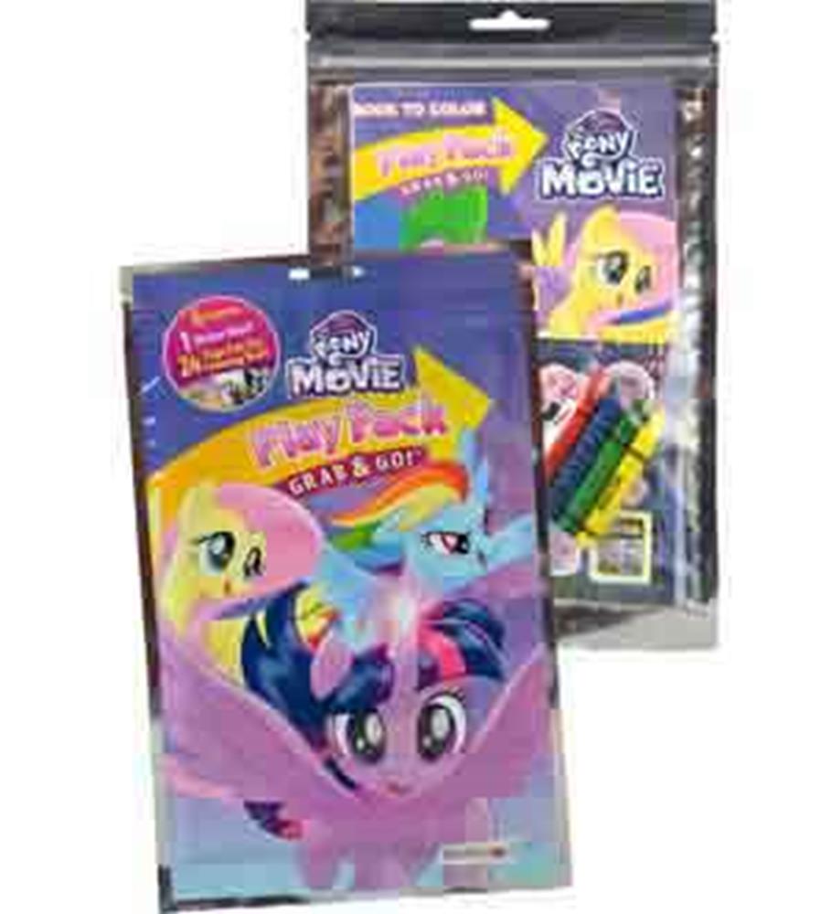 Colorful My Little Pony-themed party activity pack with crayons and coloring sheets in clear packaging.