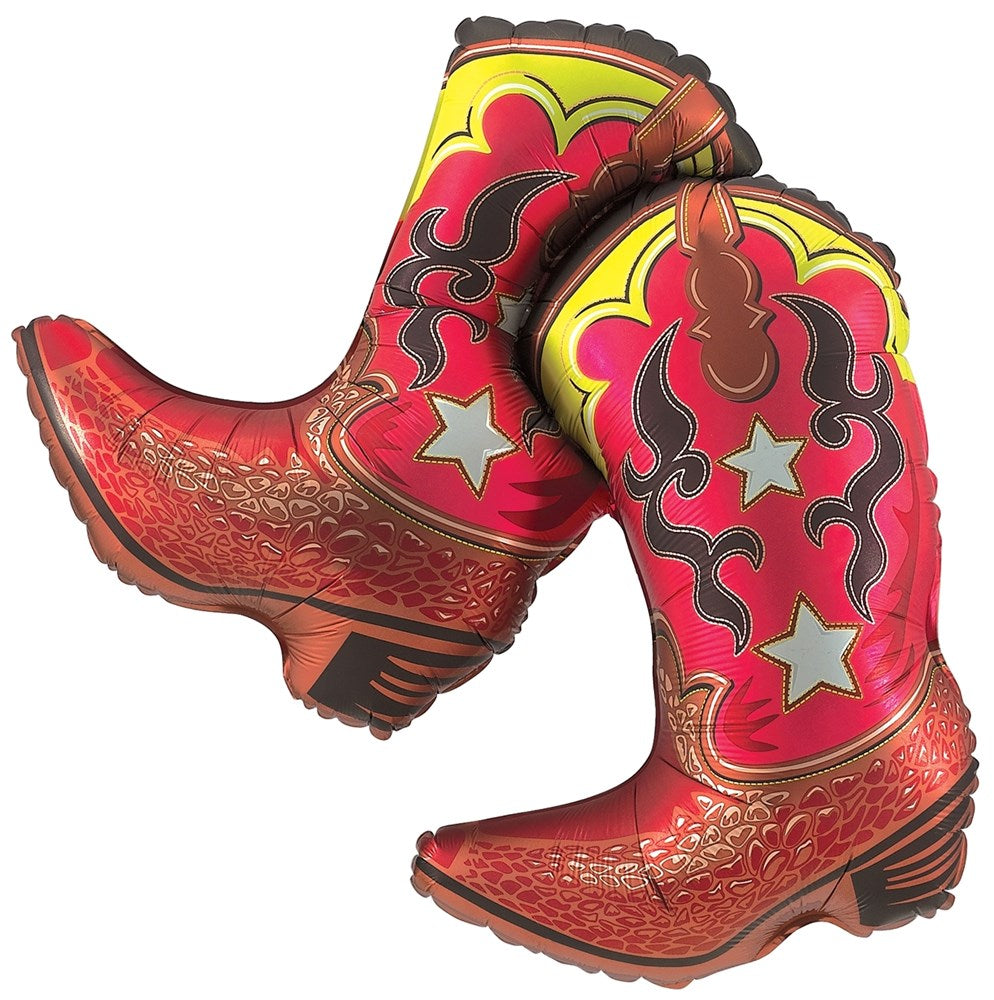Red and yellow cowboy boot-shaped foil balloons with black and white star and flame designs, 33 inches tall.