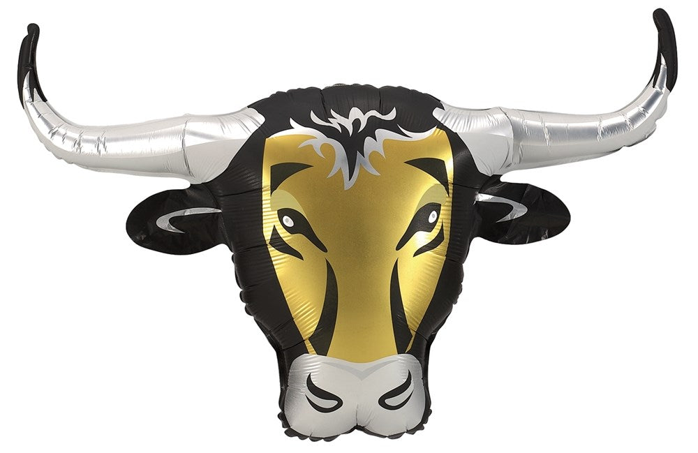 Silver and black foil balloon shaped like a longhorn bull head with gold face and large curved horns.