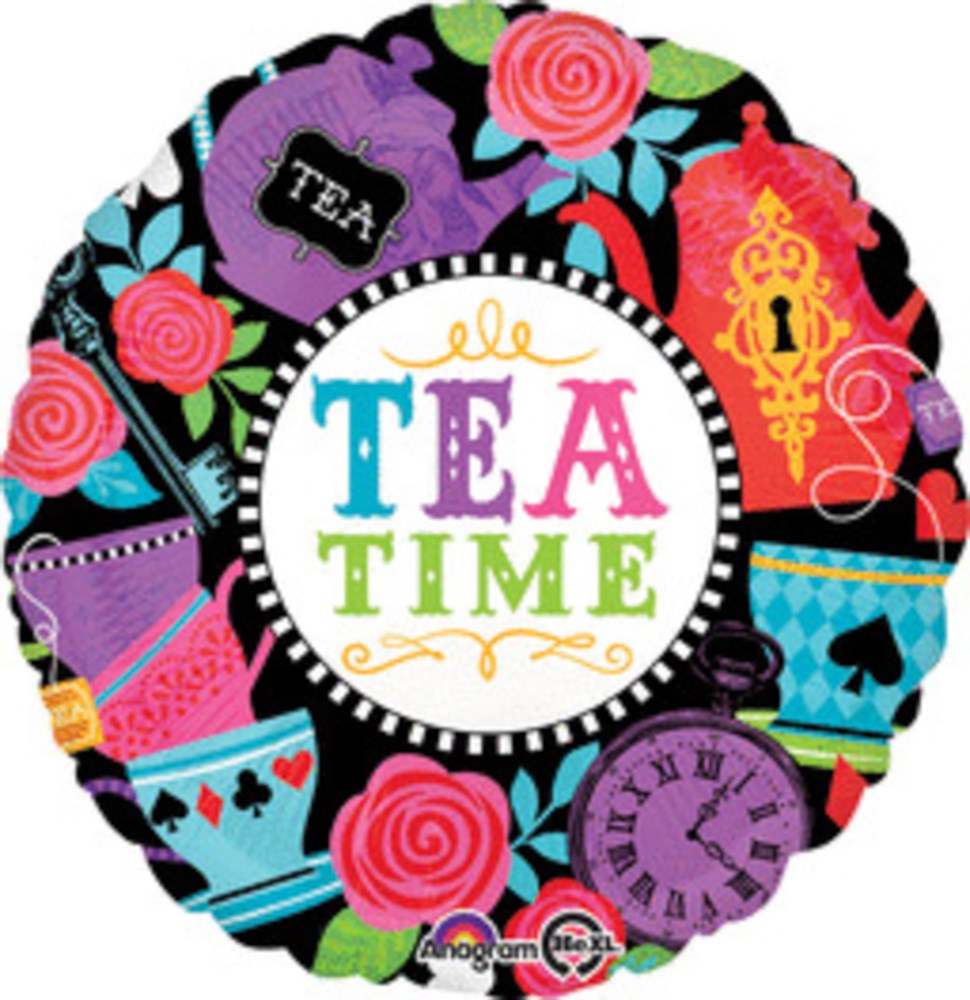 Round foil balloon with colorful tea party-themed illustrations on black background and "Tea Time" text in center.