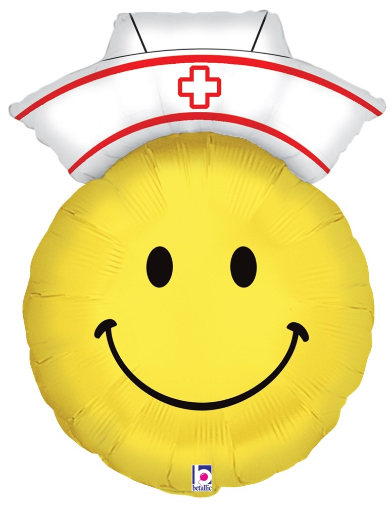 Yellow round foil balloon with a black smiley face wearing a white nurse hat with a red cross emblem.