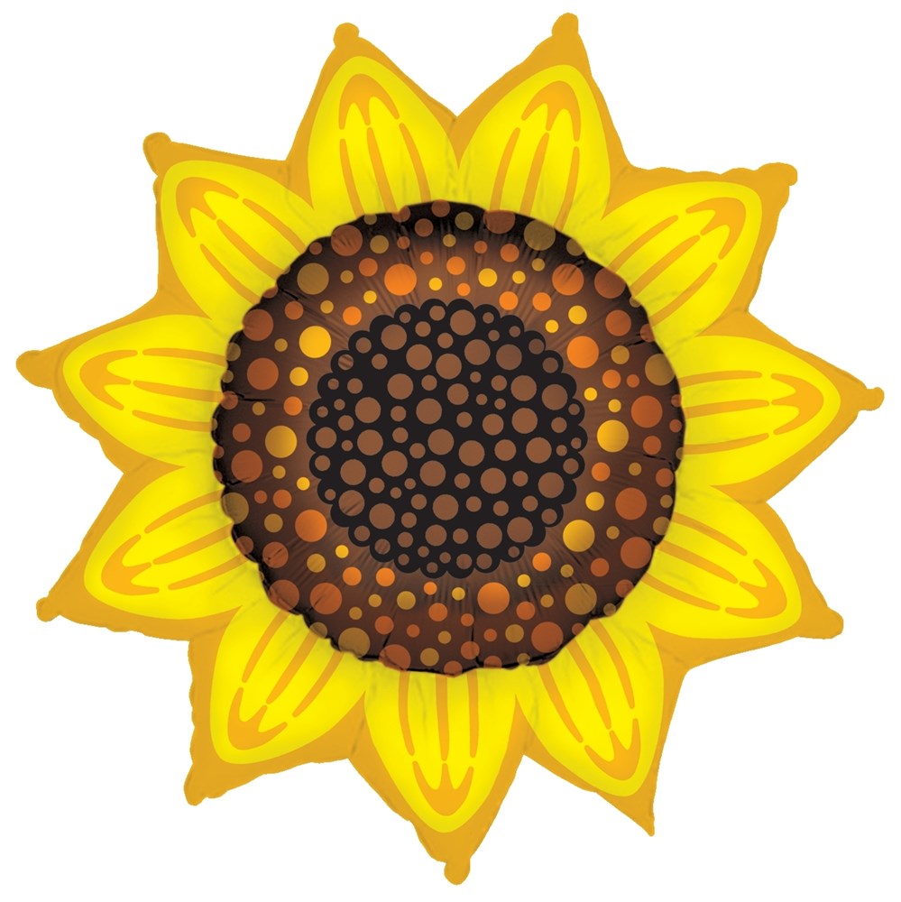 Bright yellow sunflower-shaped foil balloon with detailed brown and orange seed center, 35 inches wide.