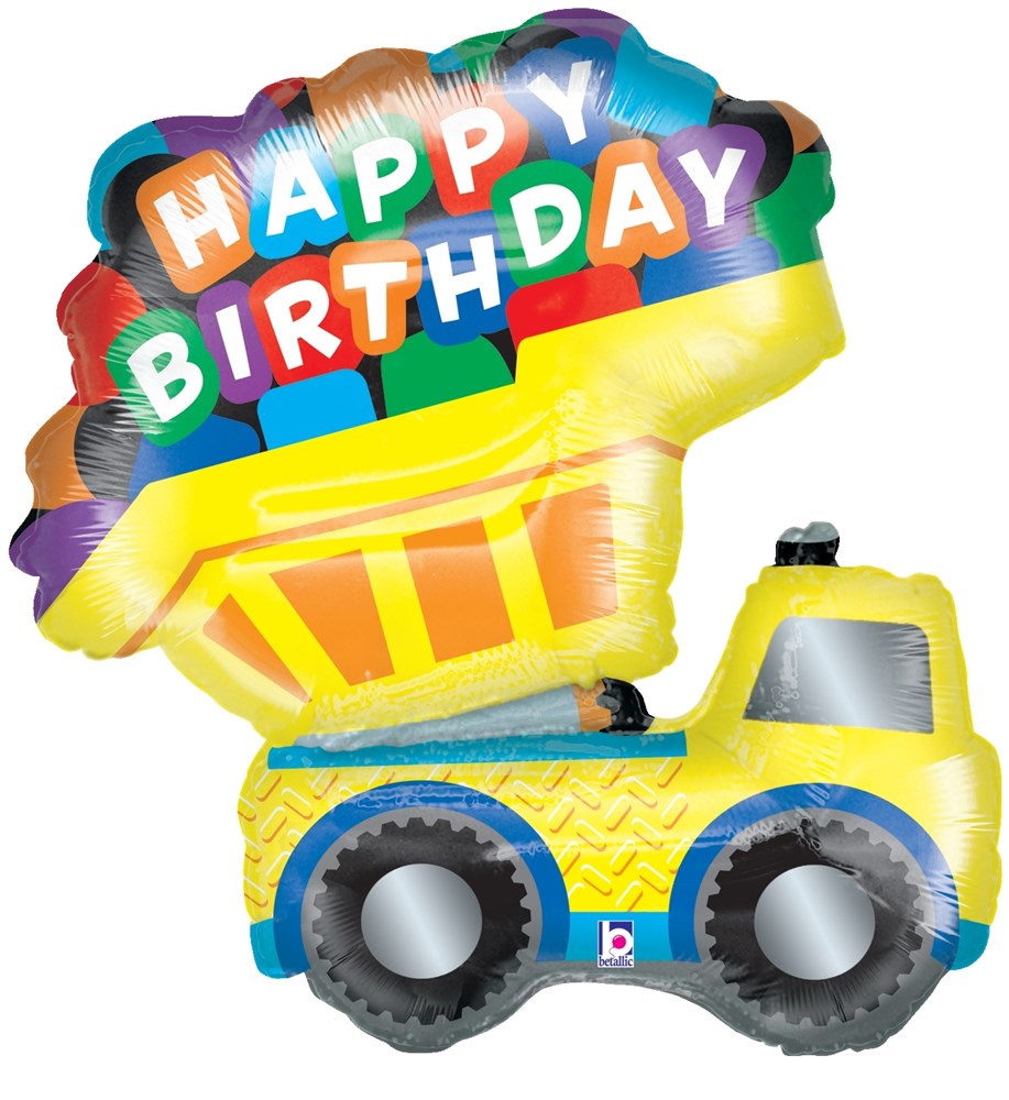 Yellow dump truck-shaped foil balloon with colorful "Happy Birthday" letters on the truck bed, 26-inch size.