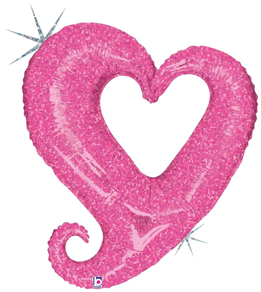 Pink holographic foil balloon shaped like an open heart with a curled tip, 33 inches tall.
