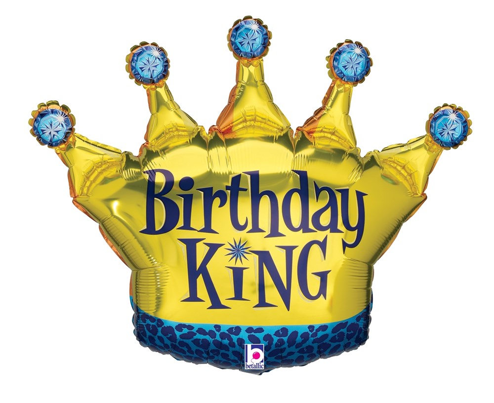 Gold foil balloon shaped like a crown with blue jewels and "Birthday King" in blue letters.