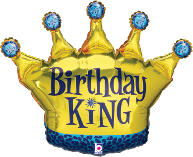 Gold foil balloon shaped like a crown with blue jewel accents and "Birthday King" text.