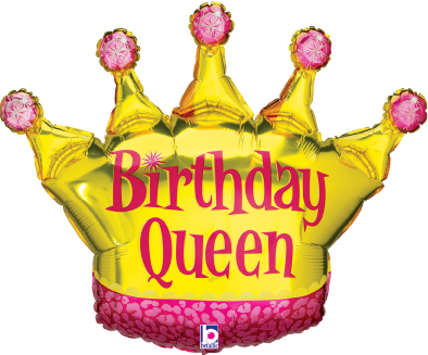 Gold foil balloon shaped like a crown with pink jewels and "Birthday Queen" text in pink.