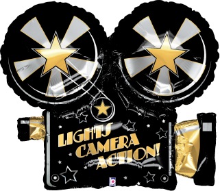Black and gold 29-inch foil balloon shaped like two film reels and a clapboard with "Lights Camera Action!" text in gold and