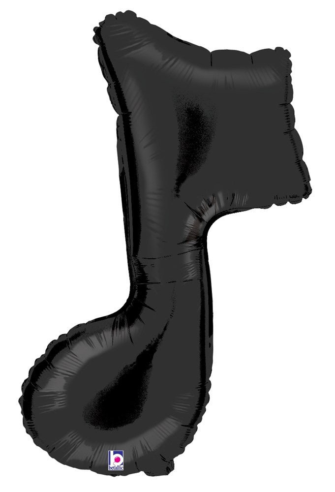 Black foil balloon shaped like a single eighth music note, 30 inches tall, shiny surface.