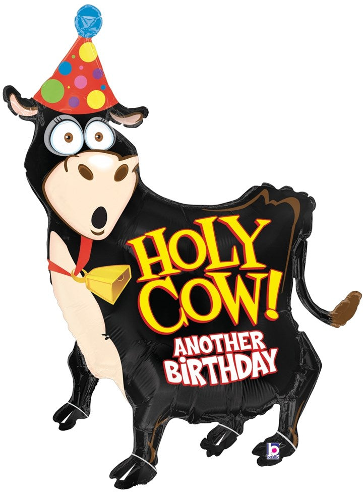 Black cow-shaped foil balloon with large eyes, party hat, and yellow "Holy Cow! Another Birthday" text.