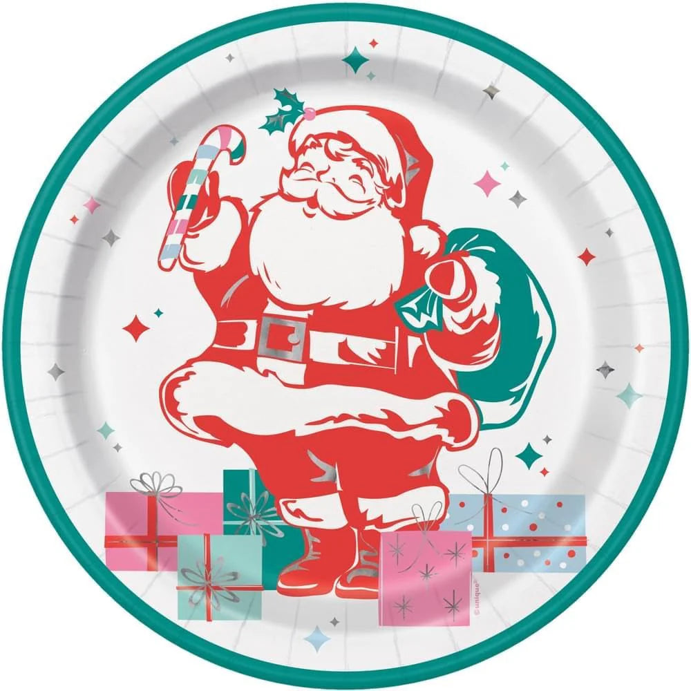 Round paper plate with teal rim, featuring red Santa holding candy cane and sack, surrounded by colorful gift boxes at.