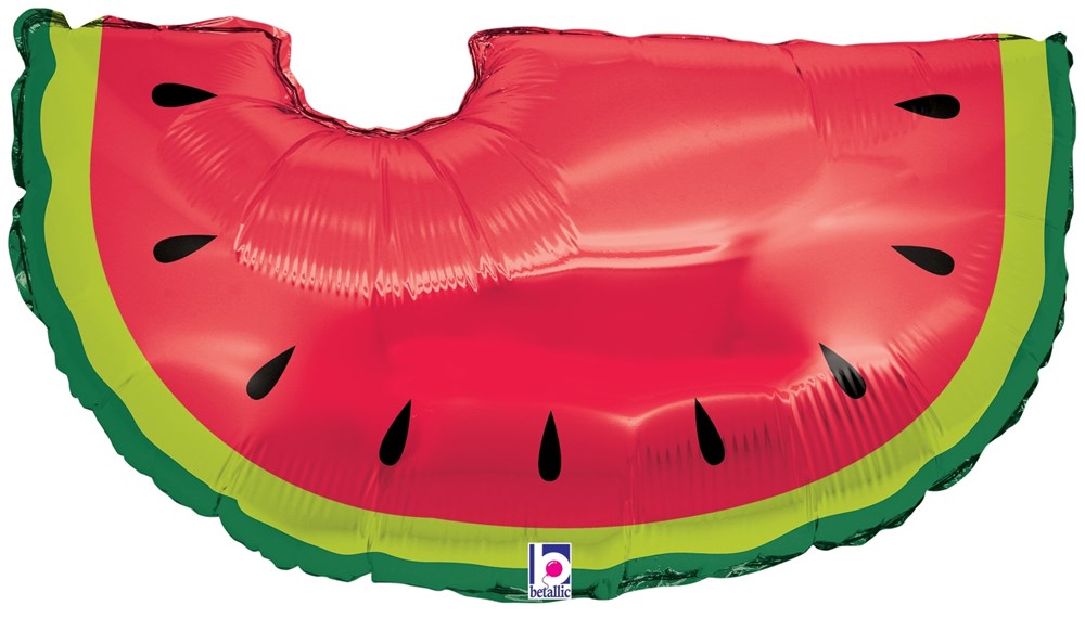 Bright red foil balloon shaped like a watermelon slice with green rind and black seeds, 30 inches wide.