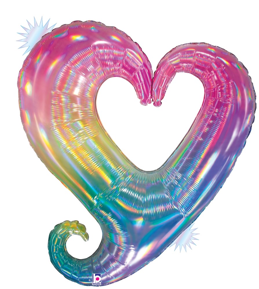33-inch opal holographic heart-shaped foil balloon with iridescent pink, blue, and yellow tones and a curled tail at the.