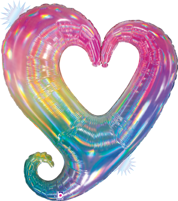 Holographic opal foil balloon shaped like a heart with iridescent pink, purple, blue, and yellow colors, 33-inch size.