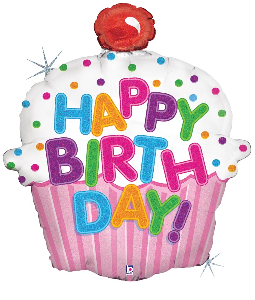 24-inch holographic foil balloon shaped like a cupcake with multicolored "Happy Birthday!" letters and pink striped liner.