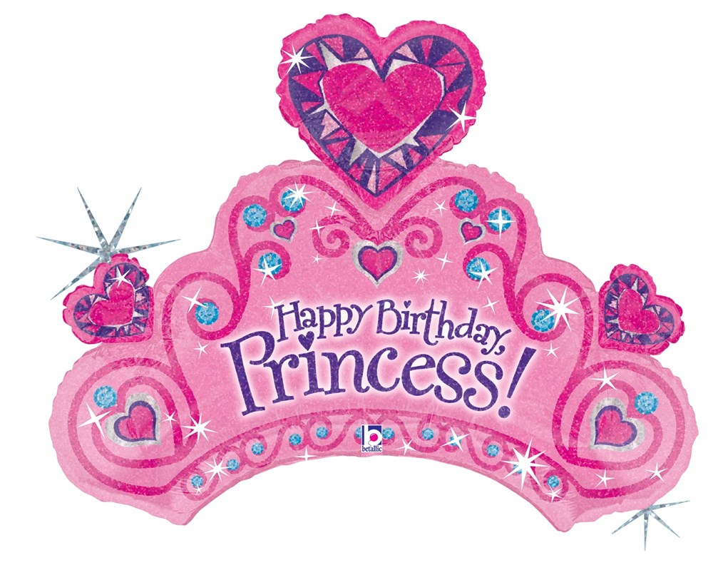 Pink holographic foil balloon shaped like a tiara with hearts and "Happy Birthday Princess" text in colorful letters.