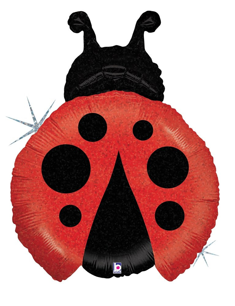 23-inch red and black holographic foil balloon shaped like a ladybug with antennae.