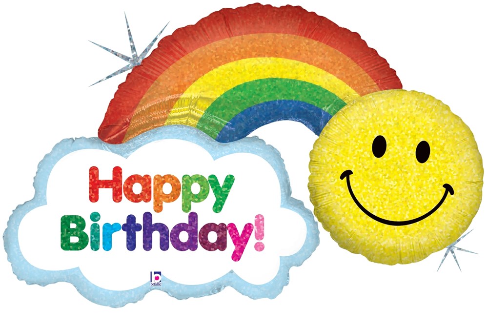 Holographic foil balloon shaped like a rainbow with "Happy Birthday!" in colorful letters on a white cloud and a yellow.