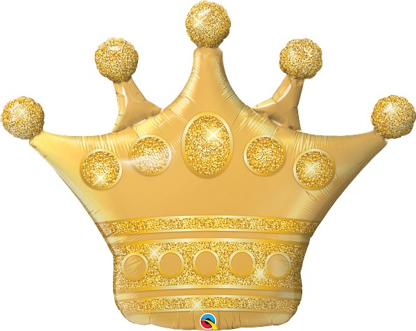 Shiny gold foil balloon shaped like a royal crown with glitter accents and rounded tips on top points.