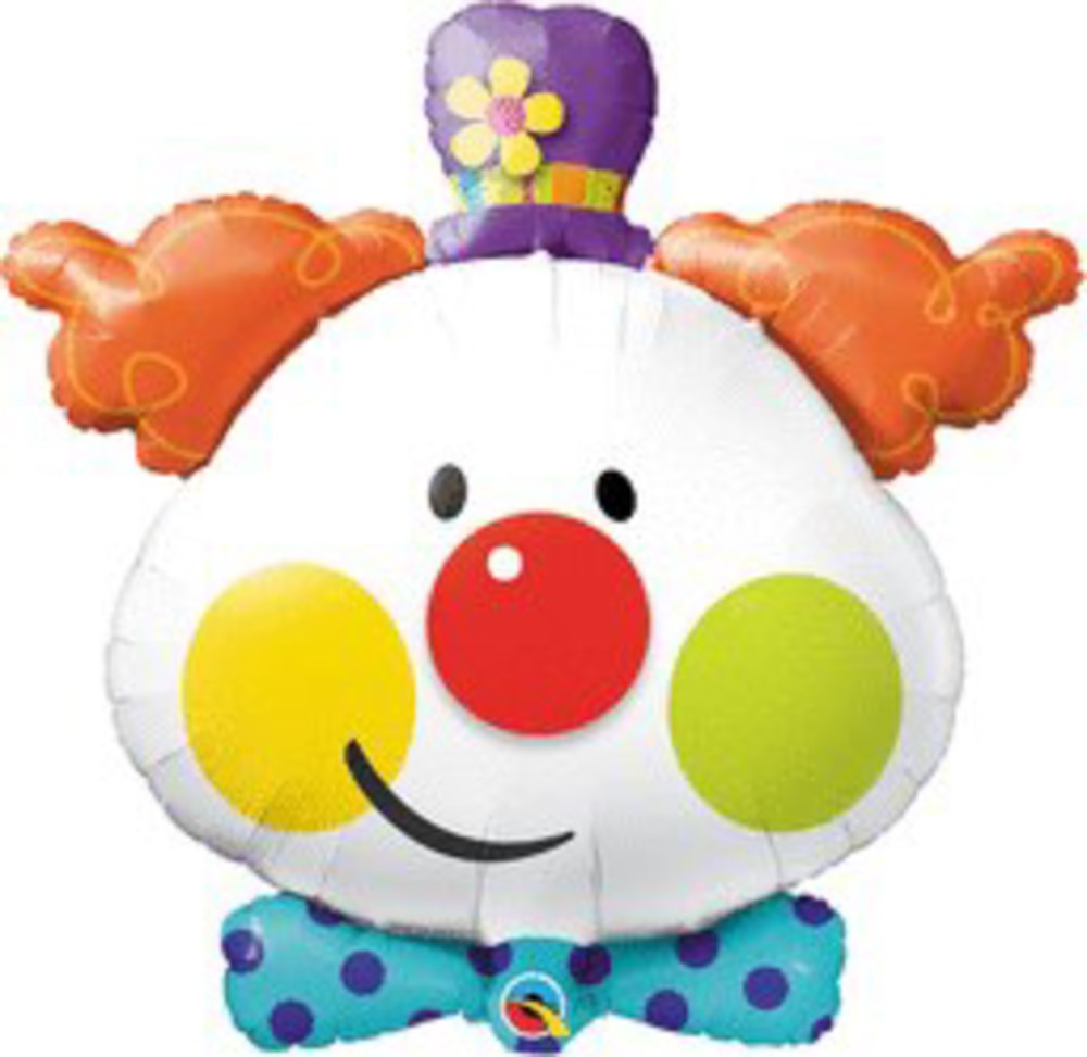 36-inch foil balloon shaped like a clown face with orange hair, red nose, yellow and green cheeks, purple hat, and blue.