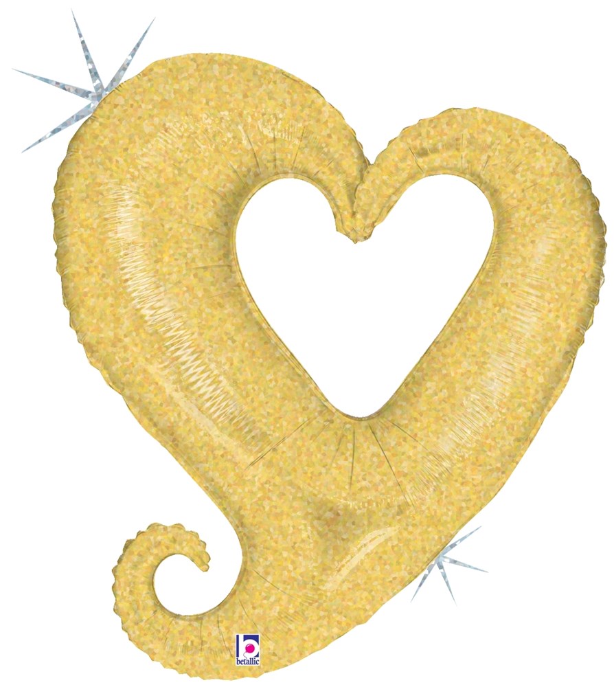 Gold holographic foil balloon shaped like an open heart with a curled tail, 33 inches tall.