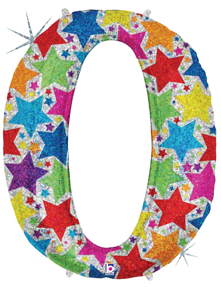 Colorful number 0 balloon with multicolored glitter stars on a silver background.