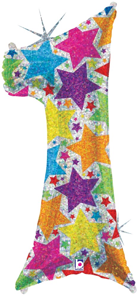 Colorful number 1 balloon with multicolored stars and a confetti pattern, shiny foil material.