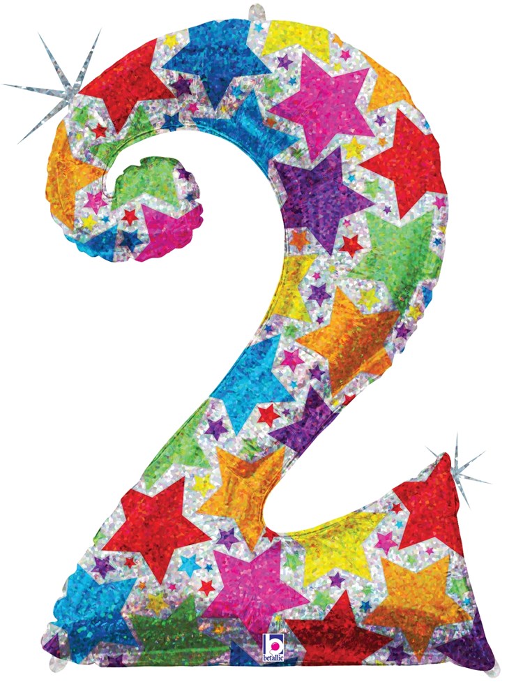 34-inch number 2 balloon with multicolored star pattern and glittery finish.